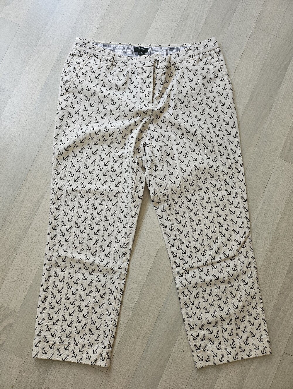 J Crew Womens Pants, White With Gray Anchor Prints